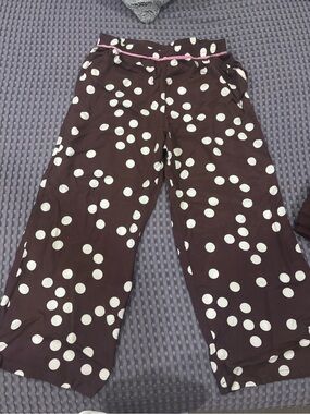 Maeve Brown Polka Dot Wide-Leg Pants with Pink Trim